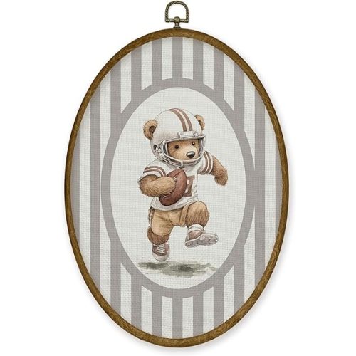 JMENGSSFL Football Bear Nursery Oval Wall Art Decor, Sports Canvas Prints, Bear Football Player Neutral Striped Animal Framed Wall Art for Kids Boy Toddler Room Playroom Decor, 8.6x11.4 Inch