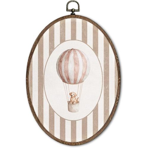FLAWAFLOMA Vintage Hot Air Balloon Dog Nursery Oval Wall Art Decor, Kids Room Canvas Wall Art Framed, Hot Air Balloon Hanging Decorations for Kids Toddler Boy Girl Nursery Room Decor, 8.6x11.4 Inch