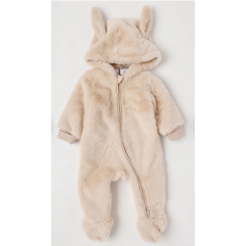 Hooded Fur Zip Thru Coverall in Beige