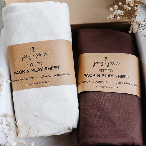 Pack and Play Sheets Fitted – Compatible with Graco Pack n Play Playard Crib and Other 27 x 39 Inch Playpen Mattress – Snuggly Soft 100% Jersey Cotton – Cream + Brown – 2 Pack