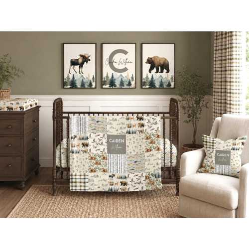 Woodland Nursery Decor Personalized Baby Crib Bedding Set Forest Moose Fish Duck Bear Mountain Shower Gift Newborn