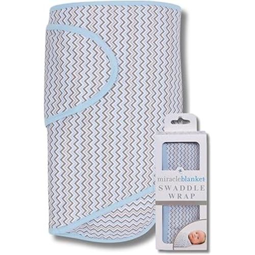 Miracle Blanket Swaddle Wrap – Help Your Newborn Sleep Longer – Soft & Secure Sleep Sack for Infants – Easy-to-Use Swaddling Blanket for a Calm Baby (Blue & Gray Chevron)