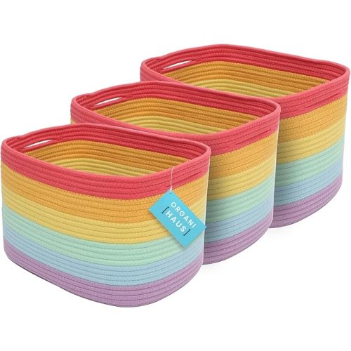 OrganiHaus Rainbow Cotton Rope Baskets for Shelves, Set of 3 - 15"×10"×9½" - Colorful Storage Baskets for Kids - Nursery, Playroom, Classroom - Toy Storage, Books, Towels