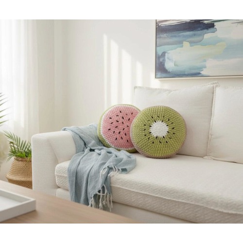 Summer Watermelon & Kiwi Round Throw Pillow | 12” Handmade Crochet Fruit Cushion | Cute Home Decor | Kids Room Accent