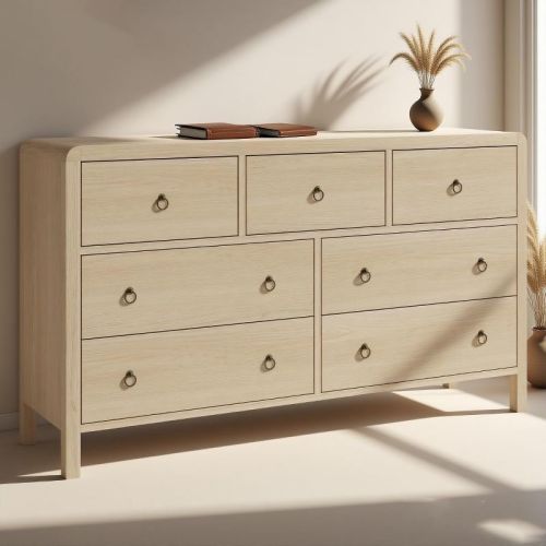 Modern 7 Drawer Dresser for Bedroom, Dresser TV Stand with Large Drawers, Natural Texture, Curved Angle for Room