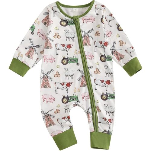 Chloefairy Newborn Baby Boy Farm Clothes Tractor Country Animal Long Sleeve Romper Zipper Jumpsuit One Piece Fall Outfit