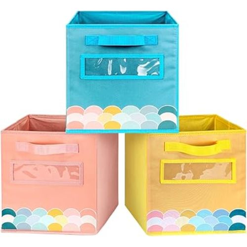 Cube Storage Bins, 3 Pack 11 Inch Fabric Storage Bins with Handle and Label Window, Foldable Storage Cubes, Colorful Fabric Bins for Kids Room, Classroom Organization and Storage, Clothes, Toys