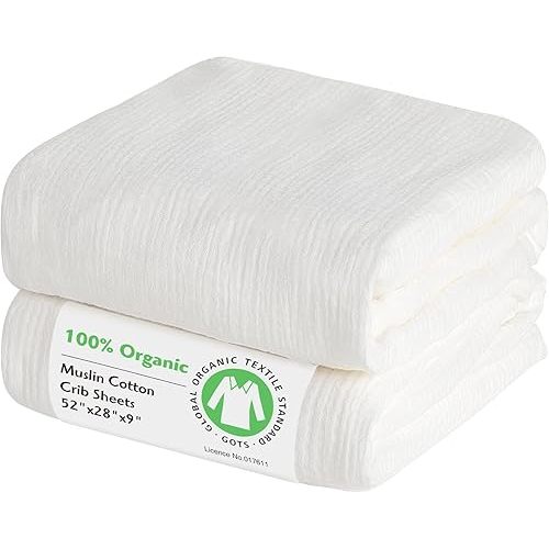Baby Organic Crib Sheets 2 Pack 100% Organic Muslin Cotton 52x28 Inches Fitted Crib Mattress Sheet for Baby Girls Boys, Ultra Soft Neutral Toddler Bedding Bed Sheets Fits Standard Size Cribs Mattress