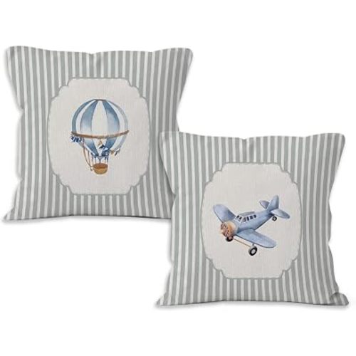 Hot Air Balloon Airplane Nursery Throw Pillow Covers, Blue Striped Kids Room Decorative Pillow Covers 18x18 for Baby Little Boys Girls Bedroom Nursery Playroom Decor, Set of 2