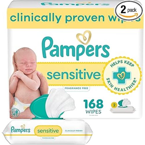 Pampers Sensitive Baby Wipes, Clinically Proven, Fragrance Free, Unscented, Water Based, Hypoallergenic, Multi-Use, Hand Wipes 168 Wipes Total (2X Flip-Top Packs) [Packaging May Vary]