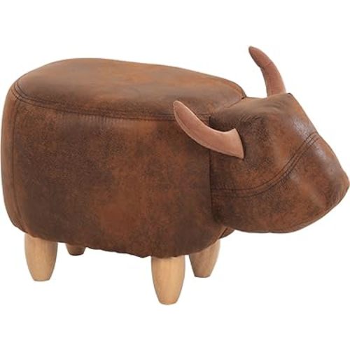 Decorative Buffalo Ottoman Footstool Cute Animal Upholstered Stool for Kids Wooden Footrest Accent Furniture, Brown