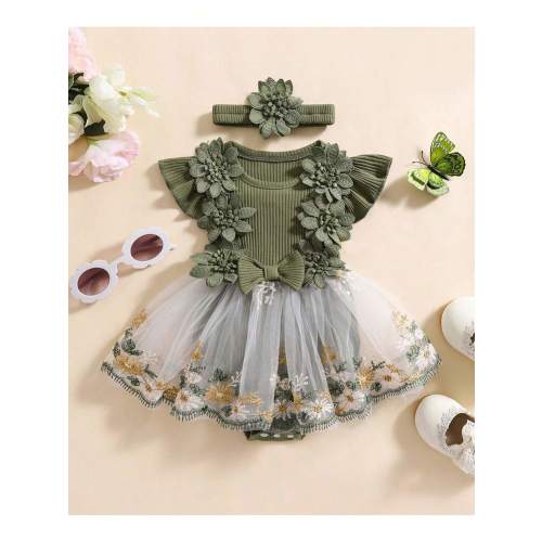 Baby Girl Dress Romper Newborn Romper Dress Flowers Embroidery Tulle Skirt Infant Girl Summer Clothes With Headband 2Pcs | SHEIN USA