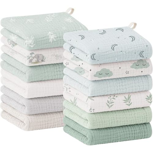 Bearmoss 12 Pack Baby Muslin Washcloths, 100% Cotton 10"x10" Face Towels