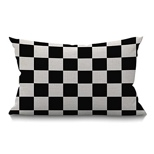 Smooffly Checkerboard Decorative Throw Pillow Cover Case Geometric Checkered Plaid Pattern Black and White Cotton Linen Pillow Cases Oblong Rectangle Cushion Covers for Couch Sofa Bed 12x20 Inch