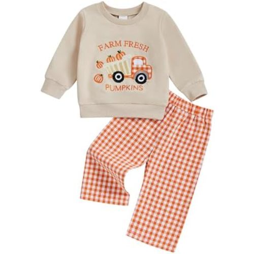 fhutpw Unisex Baby Clothes Infant Boy Girl Fall Winter Long Sleeve Outfits Pullover & Plaid Pants 6 12 18 24 Months 2Pcs Sets