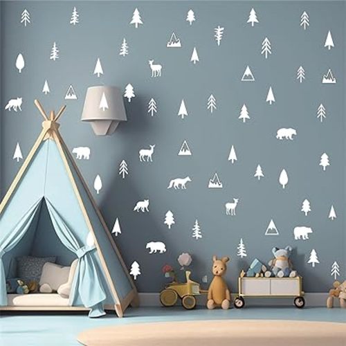 Woodland Animal Wall Decals Vinyl Pine Tree Wall Stickers Forest Animal Wall Stickers Mountain Small Tree Animals Deer Bear Wolf Woodland Wall Decals for Nursery Bedroom Kids Room Decor
