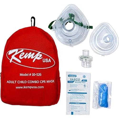 Kemp USA First Aid Adult and Infant CPR Mask Combo Kit with Soft Carry Pouch, Resuscitation Masks for Adult and Child, Disposable Gloves and Cleansing Wipe, Portable Emergency Safety Kit