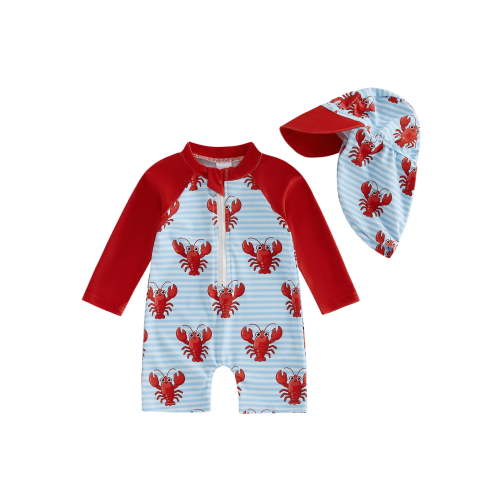 BemeyourBBs 2pcs Toddler Baby Boys One Pieces Swimsuit with Sun Hat Infant Boy Bathing Suit Long Sleeve Starfish Lobster Print Upper Zipper Rash Guard Swimwear Summer Beachwear