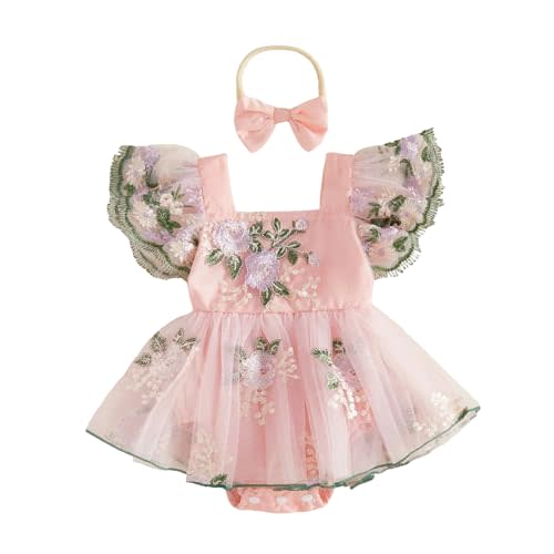 Douhoow Baby Girl Summer Romper Flying Sleeve Floral Embroidery Baby Dress Romper with Headband Infant Festival Clothes