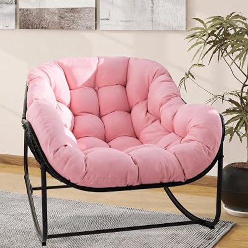 Papasan Rocking Chair, Oversized Papasan Chair with Cushion and Frame for Indoor& Outdoor,Egg-Shaped Patio Rocking Chair for Garden, Deck, Living Room, Pink