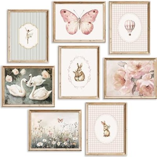 Pink Nursery Wall Art Vintage Style Baby Girls Room Canvas Wall Decor Cute Rabbit Bunny Swan Poster Pink Butterfly Prints Pastel Floral Painting Artwork for Toddler Girls Bedroom 8x10x8 In Unframed
