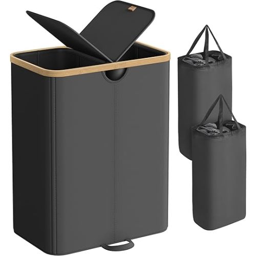 SONGMICS Laundry Hamper with Lids, Laundry Basket with 2 Compartments, 39 Gal. (150 L), Removable Liner Bag, for Laundry Room, Bedroom, Living Room, Ink Black and Light Bamboo ULCB523B01