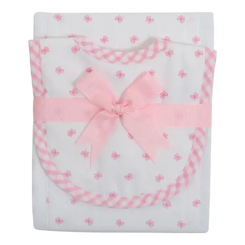 3 Marthas Pink Bow Drooler Bib & Burp Set