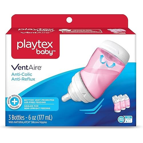 Playtex Baby Ventaire Anti Colic Baby Bottle, BPA Free, Pink, 6 Ounce - 3 Pack