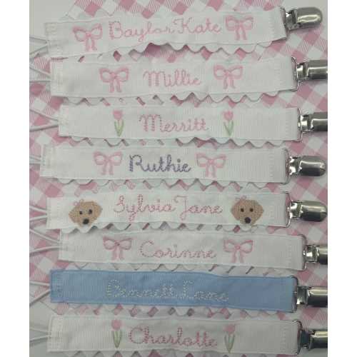 Monogrammed Pacifier Clip | bow Personalized Scallop embroidered paci holder| Baby bib clip with ricrac trim | baby gift personalized