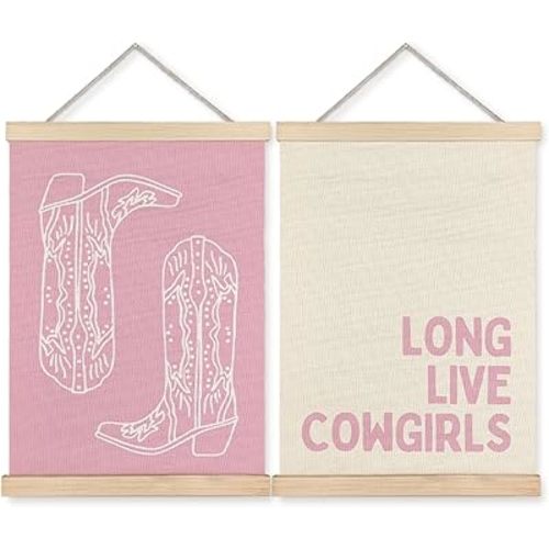 BearCake Pink Western Cowgirl Room Decor, Long Live Cowgirls Wall Art Poster Hanger Frame, Preppy Pink Western Canvas Prints Framed Wall Decor for Girls Room Dorm Apartment, 16x24 Inch Set of 2
