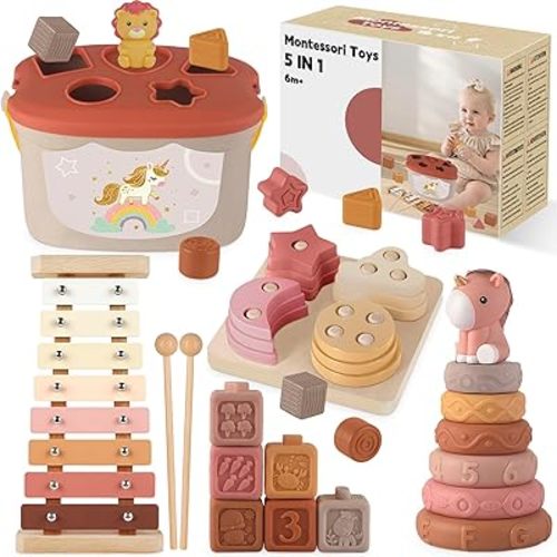 Montessori Sensory Toys, 5 in 1 Montessori Baby Toys Set for 6+ Months with Stacking Building Blocks, Xylophon, Sorting Stacking Toys, Learning Educational Toy for 6 12 Months Birthday