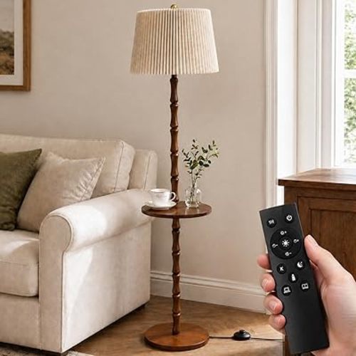 Real Wood Floor Lamp with Built-in Tray, Remote Control, Adjustable Brightness & 3 Color Temperatures, Dimmable Standing Lamp for Living Room, Bedroom, and Office – Easy Setup(Light Walnut)