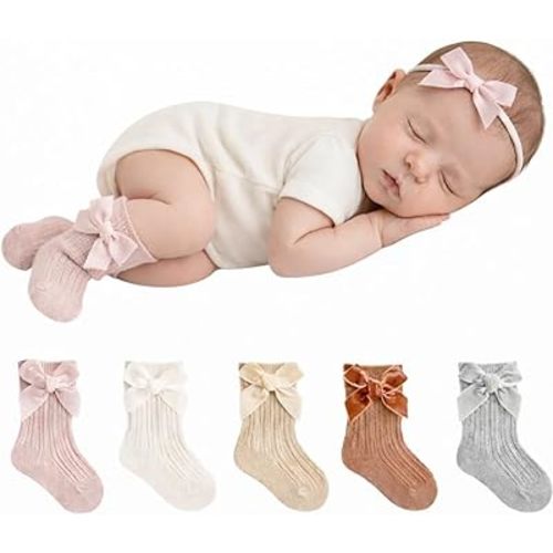 5 Pairs Newborn Preemie Girls Socks, Cotton Knit Bow Socks, Soft & Breathable Ankle Stockings with Bow for Newborn Preemie Toddlers, Gift for Baby Shower Birthday Christmas