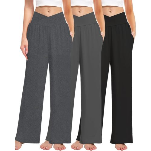 Kivdol 3 Pack Women's Wide Leg Pants Crossover with Pockets High Waist Loose Sweatpants Casual Lounge Yoga Workout Palazzo