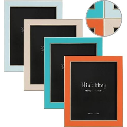 VIOLABBEY 8x10 Picture Frames Set of 4, Colorful Photo Frame of Modern Style, High Definition Tempered Real Glass, Wall mounted or Tabletop Display (Blue+light blue+orange+apricot)