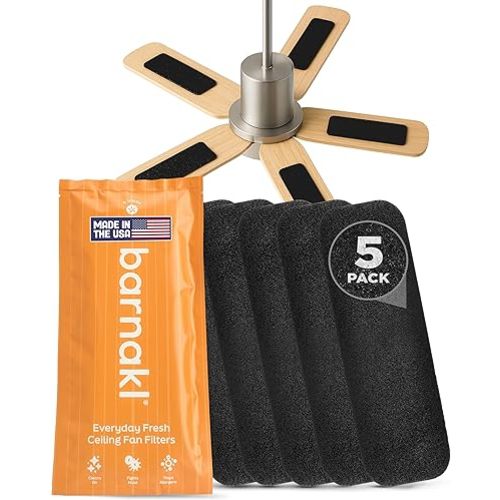 Barnakl Ceiling Fan Air Purifier Pads, Activated Coconut Shell Carbon Fan Filters Trap Dust, Odors & Allergens, Easy-Stick Universal Fit for Ceiling Fan Blades, Odorless & Unscented - (5 Count)