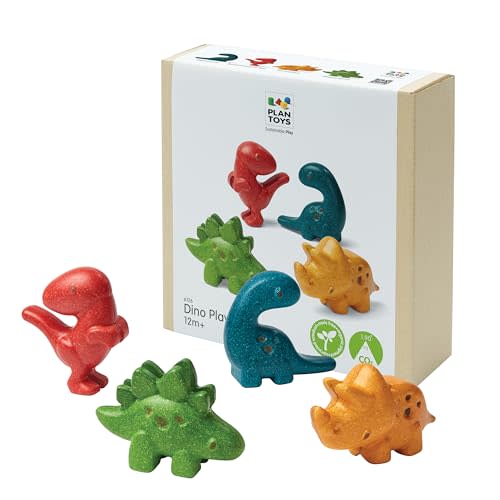 PlanToys® Wooden 4-Piece Dino Play Set, Montessori Kids Dinosaur Figures | 4-piece wooden dinos, animal figurines, montessori creativity storytelling play, social skill, dinosaur toys, kids gift set