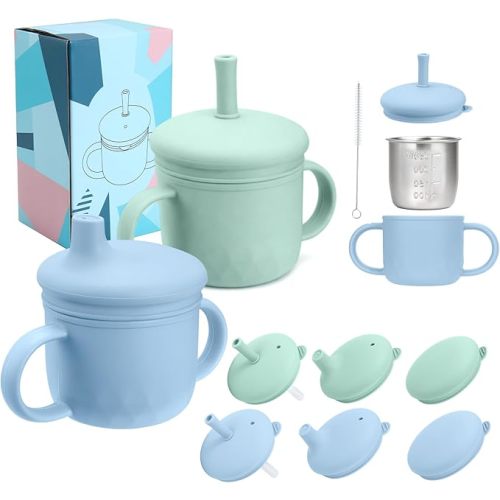 2PCS Stainless Steel Sippy Cups for Toddlers1-3, Baby Straw Cups for 6+Month Old with Travel Lid, Silicone Straw, Replacement Straw & Cleaning Brush-8oz Toddler Cups Spill Proof Set (Blue+Green)
