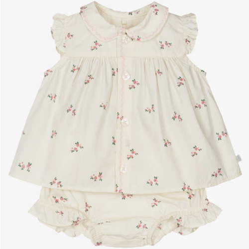 Petit Bateau - Baby Girls Ivory Cotton Shorts Set with Pink Floral Print | Childrensalon