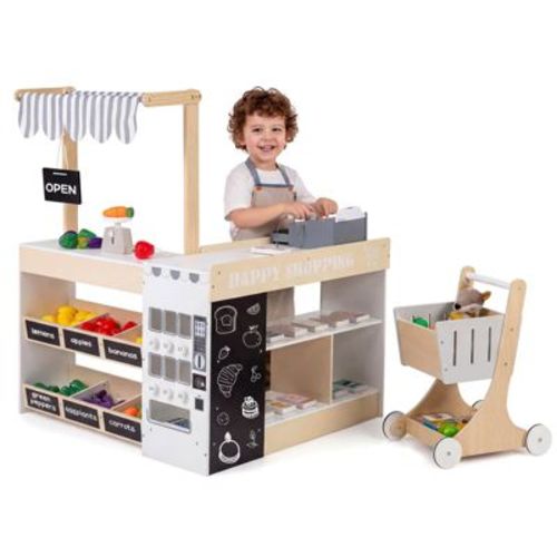Costway Kids Grocery Store Playset Wooden Pretend Play Supermarket with Shopping Cart Natural + White