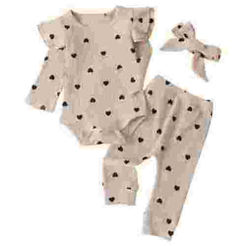 Girl Outfits Baby Outfits Baby Girls Clothes Ribbed Ruffled Romper+Cute Pants+Headband Outfit Set Beige 6-9 Months