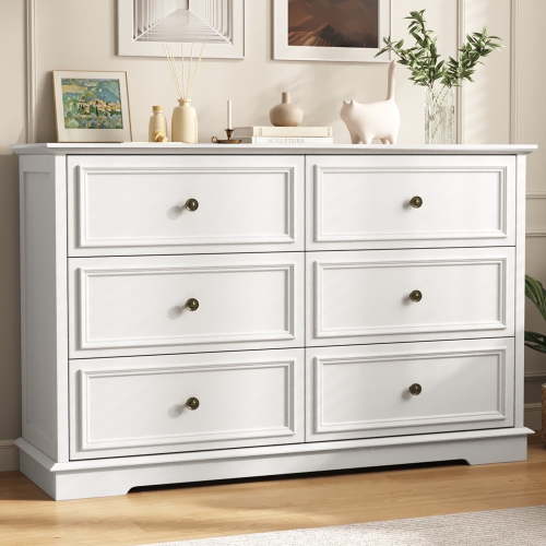 IDEALSOUL White Dresser,6 Drawer Dresser for bedroom,Retro Wood Storage Cabinet for Living Room