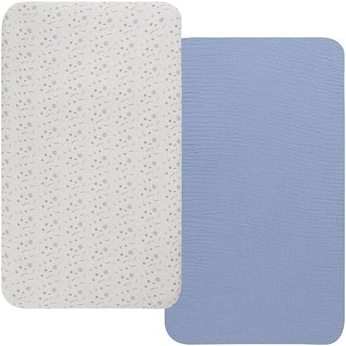 Onacosht Muslin Bassinet Sheets 2 Pack, 35"x20", Blue and Space Theme
