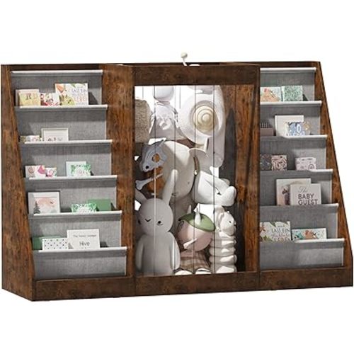 Kid Bookshelf Book Storage Organizer Montessori Child Bookcase Stuffed Animal Holder Toddler Baby Sling Floor Book Rack Display Shelf Playroom Bedroom Nursery Classrooom (Rustic, Double Sling)