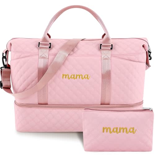 Dansydaisy Mama Hospital Bag for Women Labor Delivery Travel Duffle Bag with Shoe Compartment and Toiletry Pouch Waterproof Letter Embroidered for Pregnancy Weekender Overnight Gym Gift, Pink