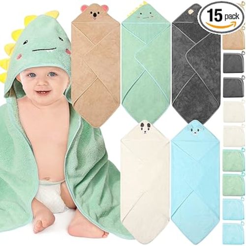 15 PCS Hooded Baby Towels, Soft Baby Towel, Absorbent Baby Bath Towel, 5 Styles Baby Towels and 10 PCS Baby Washcloths for Newborns, Toddlers, and Kids, 32x32 in Baby Towel with Hood for Boy and Girl