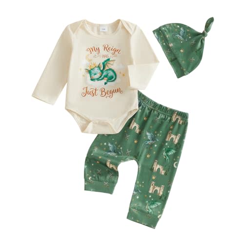 Newborn Baby Boy Fall Clothes Dragon Bear Romper Pants Set with Hat | My Reign Has Just Begun Long Sleeve Bodysuit Shirt Pants Set, Newborn Boy Coming Home Outfit Fall, 3Pcs Fall Outfits Set