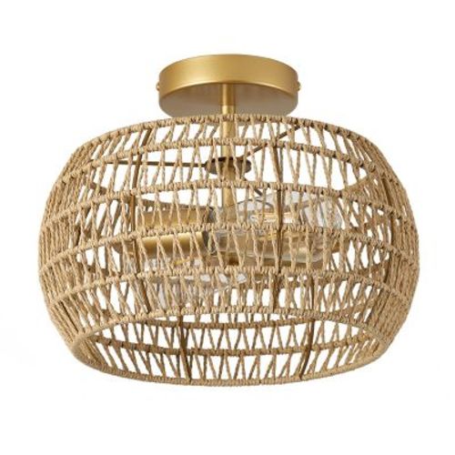 Dewdrop Boho Rattan Semi Flush Mount Ceiling Light, Gold Farmhouse Woven Rope Fixture for Bedroom Living Room