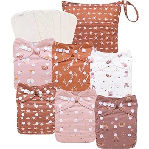 babygoal AWJ Cloth Diapers with Tummy Panel Pack of 13, 6 Diaper Cover with 6 Inserts and Wet Dry Bag, Adjustable Washable Reusable for Baby Girls and Boys