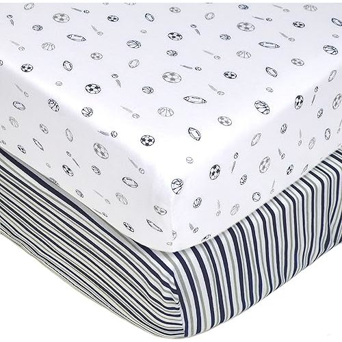 American Baby Company 2 Pack 100% Natural Cotton Fitted Crib Sheets 52" x 28" - Soft, Breathable, Hypoallergenic & Gentle Toddler Bed Sheets, Navy/Grey Sports Stripes, Neutral for Boys & Girls